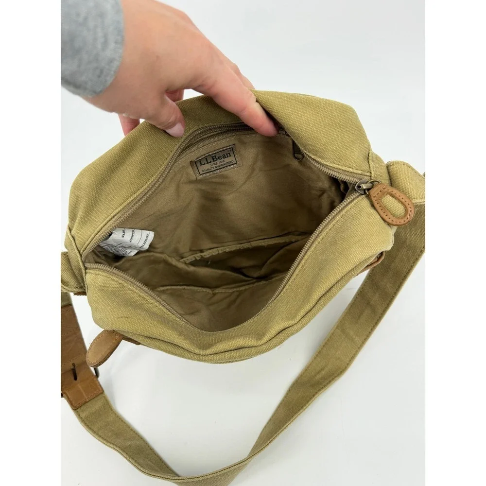 LL Bean Canvas Messenger Bag Olive Green Leather Trim Crossbody Field Bag Vtg